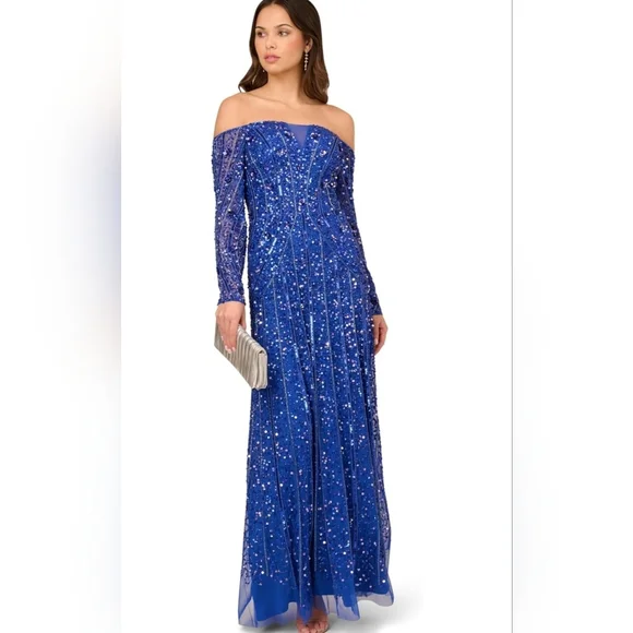 Adrianna Papell Womens Beaded Off Shoulder Gown - Picture 2 of 6